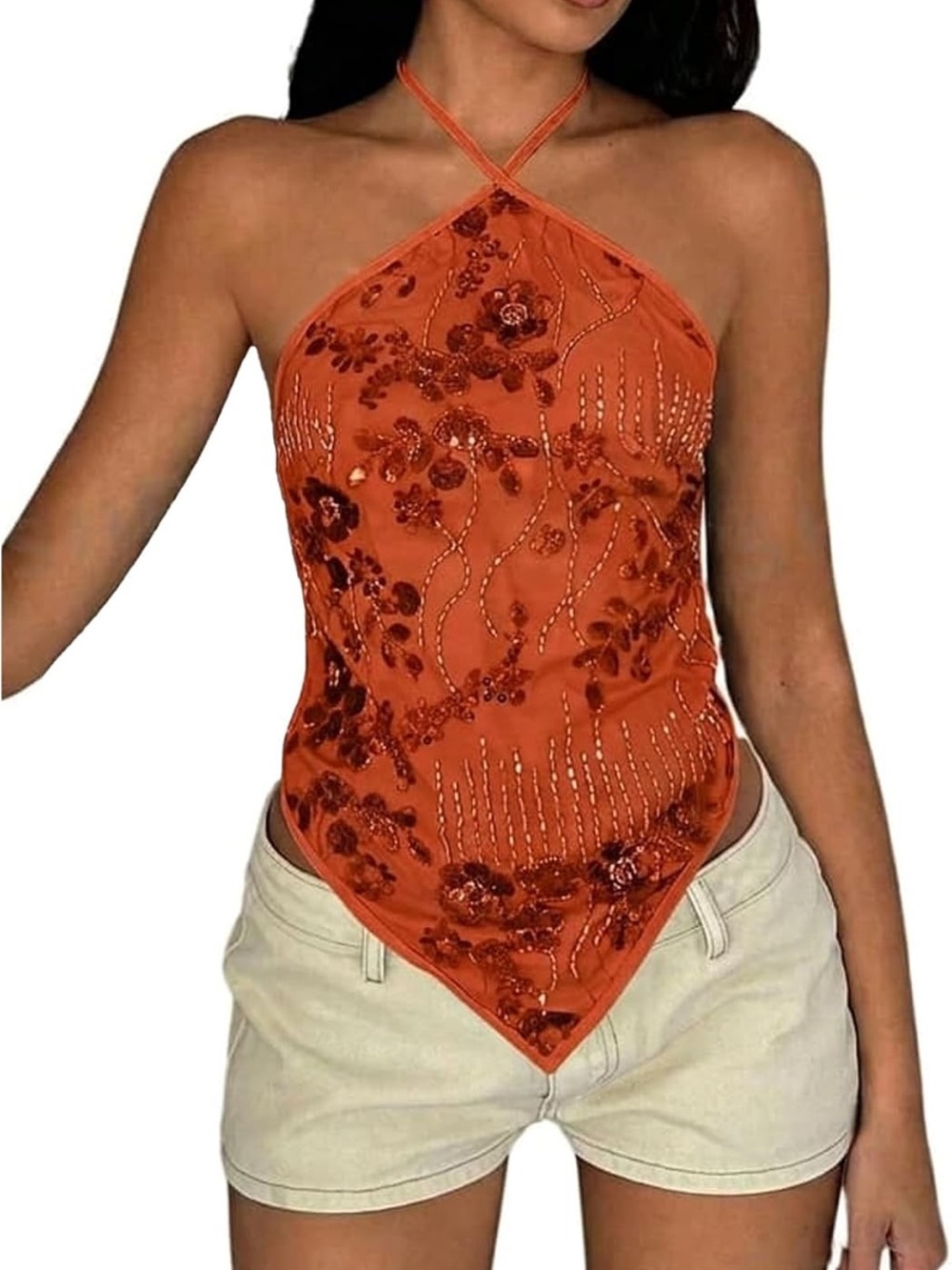 Orange Embroidered Halter Handkerchief Tank Top